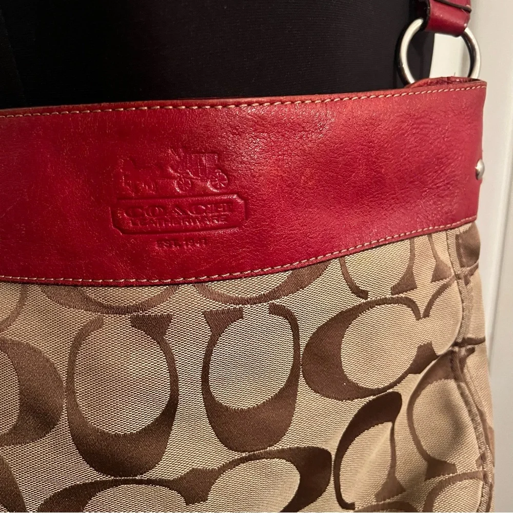 Coach F12674 Zoe Signature C Khaki Jacquard Red Leather Hobo Shoulder Bag - Picture 4 of 16